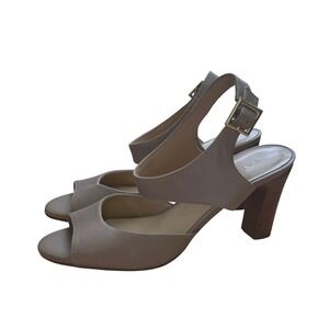 Talbots Heels Women 7M Tan Taupe Leather Open Toe Slingback Block Heel Sandals